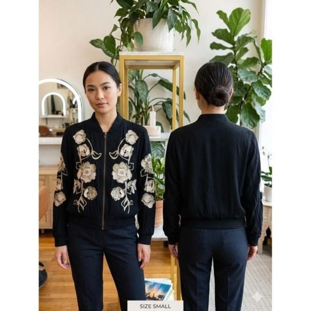 Kimchi Black Bomber Jacket Floral Embroidered  Black Rayon